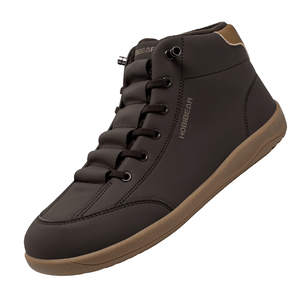 A dark brown high-top sneaker with tan accents, featuring a sleek design and \“HOBIBEAR\“ branding, leather-like upper material, padded tongue, and brown laces.