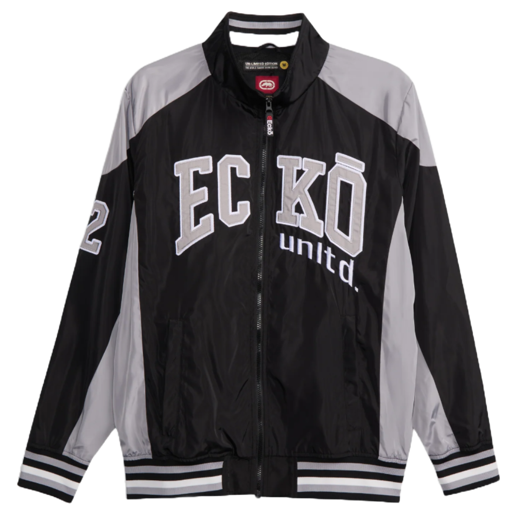 Black and gray Ecko Unltd. jacket with front zip, featuring bold white lettering and striped cuffs and hem.