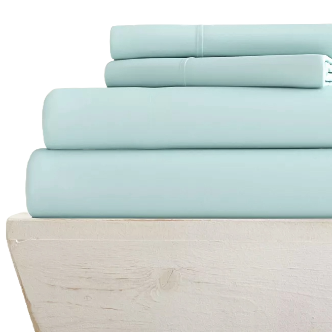 A set of light blue bed sheets, neatly folded, includes a fitted sheet, a flat sheet, and pillowcases.