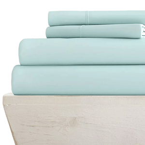 A set of light blue bed sheets, neatly folded, includes a fitted sheet, a flat sheet, and pillowcases.