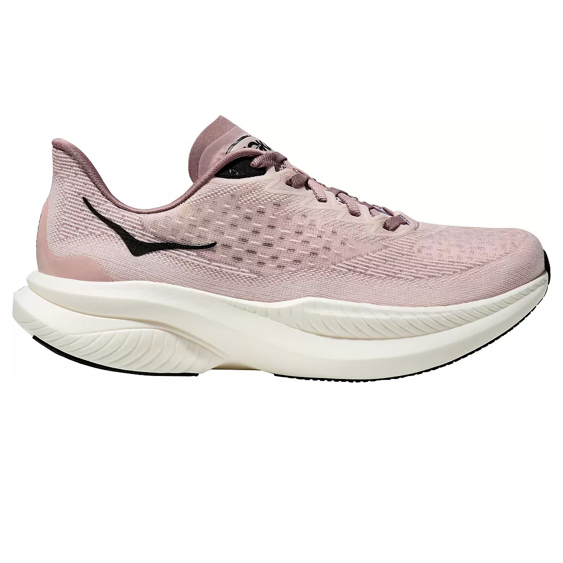 A pink athletic running shoe with a textured mesh upper, thick cushioned sole, and black logo detailing.