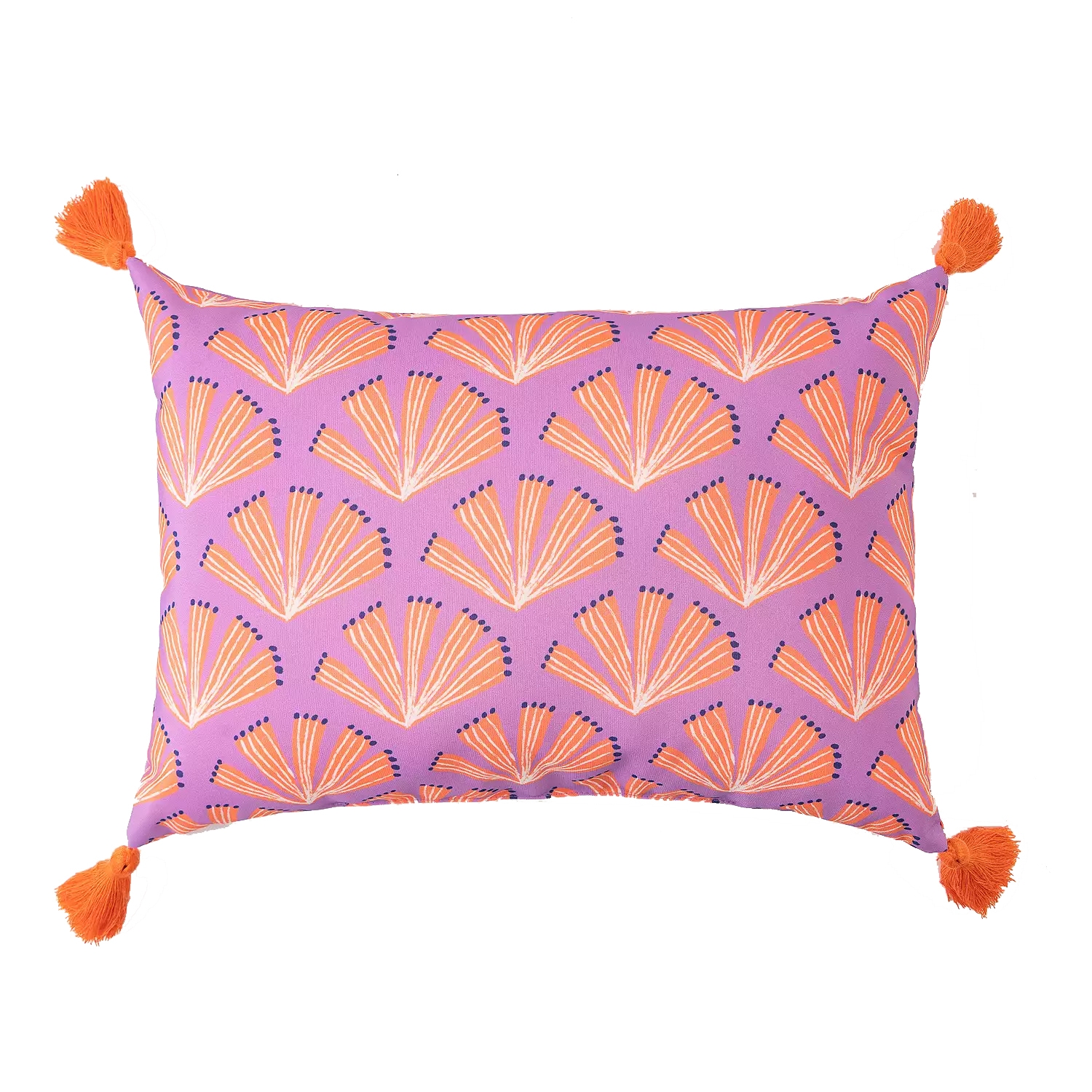 A rectangular pillow with a purple background features an orange and white geometric fan pattern, accented by orange tassels at each corner.