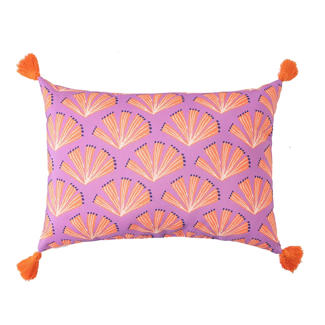 A rectangular pillow with a purple background features an orange and white geometric fan pattern, accented by orange tassels at each corner.