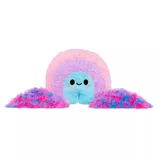 A colorful plush toy shaped like a smiling rainbow with pink, purple, and blue hues, accompanied by two piles of matching fluffy material.