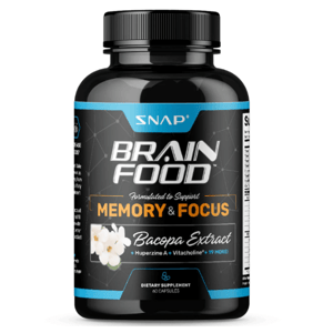 A bottle of SNAP Brain Food dietary supplement, containing 60 capsules formulated to support memory and focus, featuring Bacopa Extract alongside other ingredients.