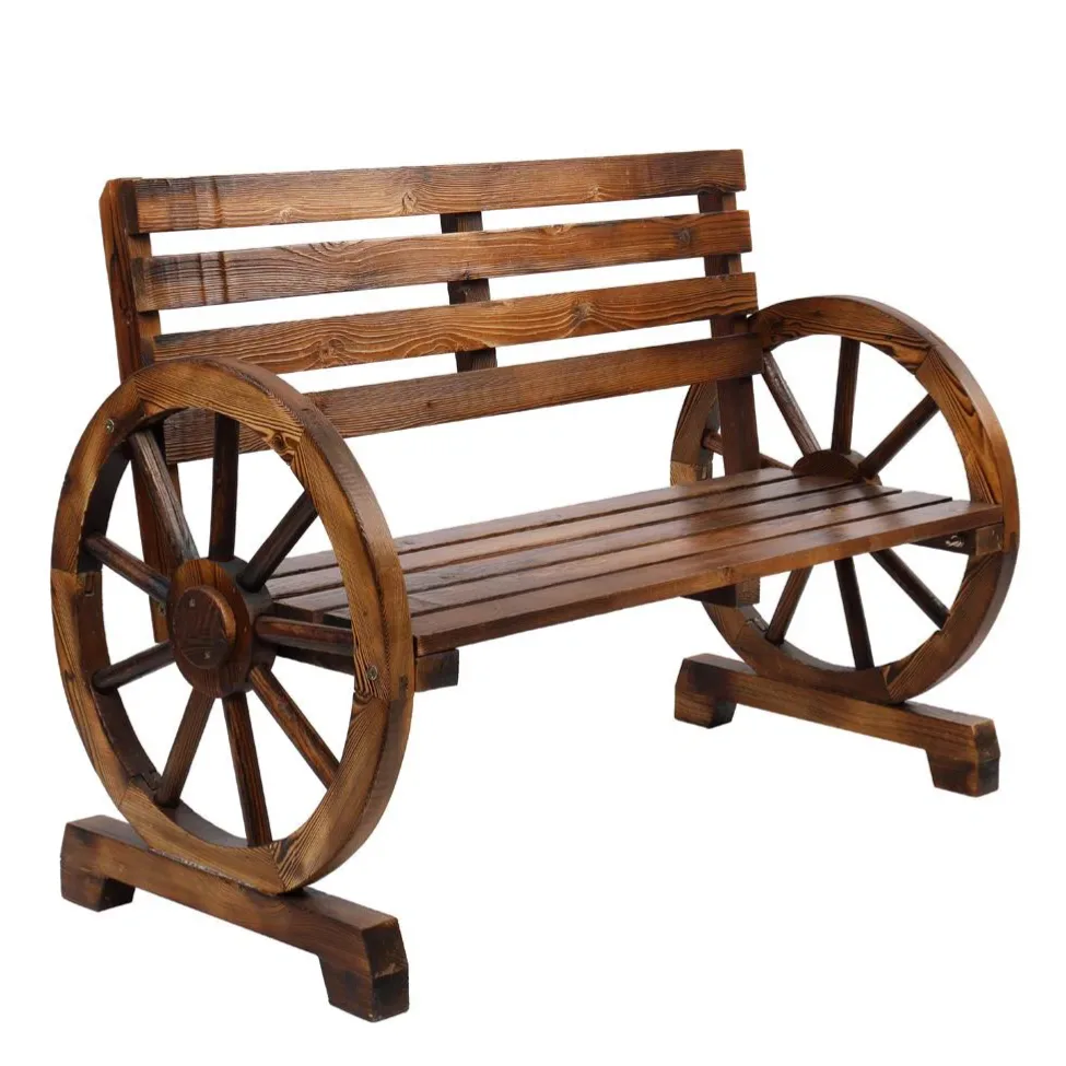 A wooden bench with wagon wheel-style armrests and a slatted back and seat design.