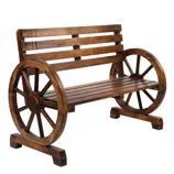 A wooden bench with wagon wheel-style armrests and a slatted back and seat design.