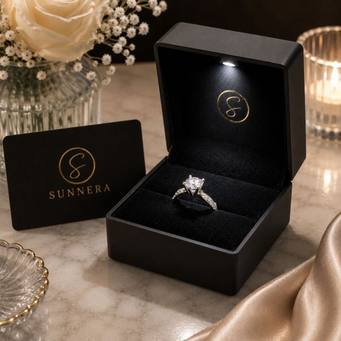 A diamond engagement ring is showcased in an open black box with an LED light, accompanied by a card bearing the name \“Sunnera.\“ The setting includes a vase with a white rose and small flowers, with a candle in the background.