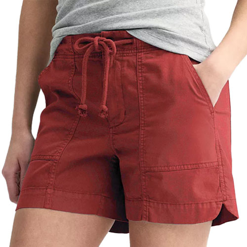 Red drawstring shorts with pockets, paired with a gray top.