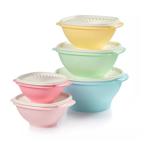 A set of five nesting mixing bowls in pastel colors, each with a matching lid. The bowls are pink, blue, green, yellow, and light pink, designed for space-efficient storage.