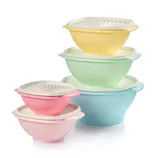 A set of five nesting mixing bowls in pastel colors, each with a matching lid. The bowls are pink, blue, green, yellow, and light pink, designed for space-efficient storage.
