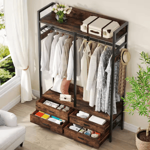 A rustic open wardrobe features a metal frame with wooden shelves, hanging space for clothes, and several drawers. The top shelf holds a suitcase and a vase of flowers.