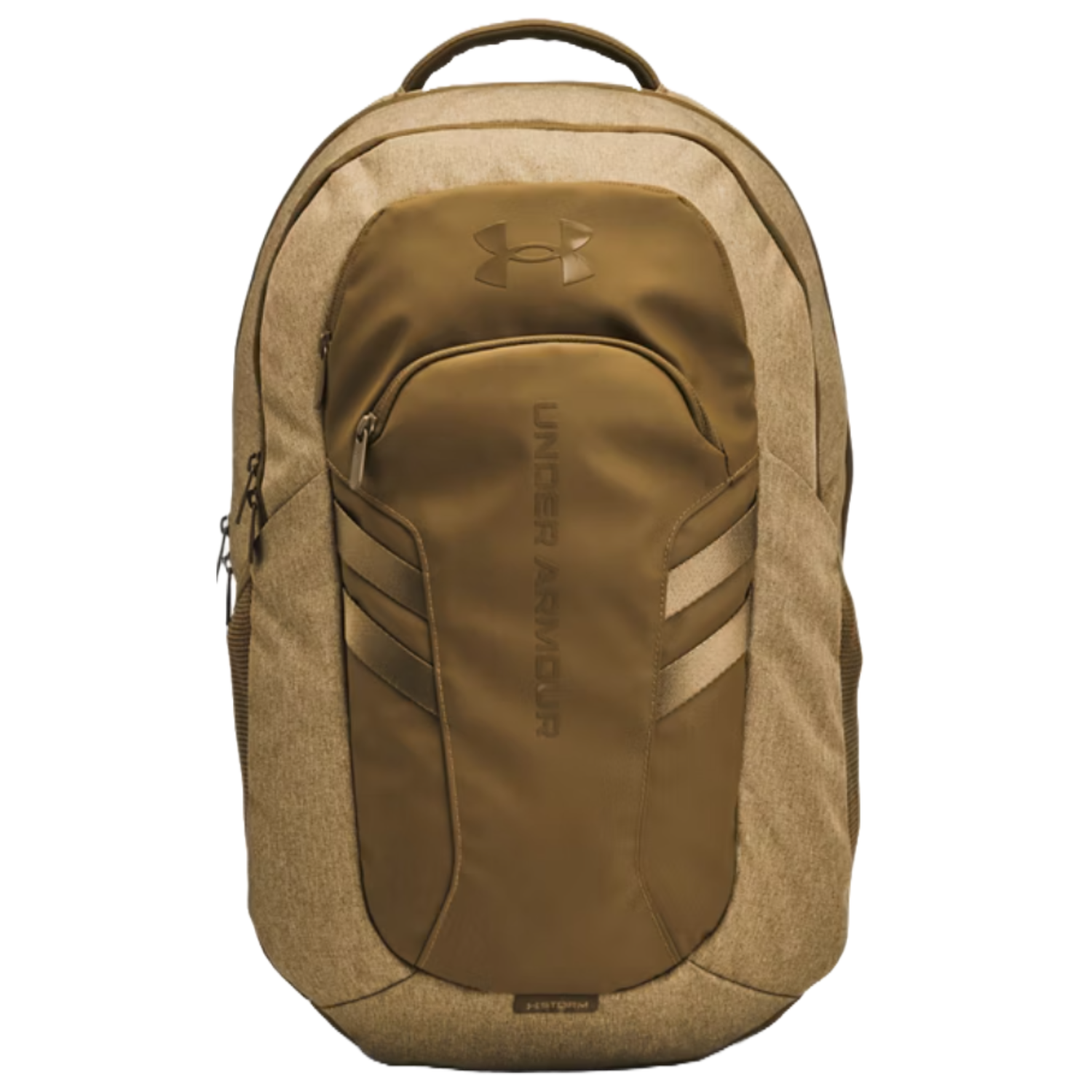 UA Hustle 6.0 Pro Backpack is a tan-colored Under Armour backpack with a sleek design, featuring a large main compartment, a front pocket with the Under Armour logo, and adjustable side pockets.