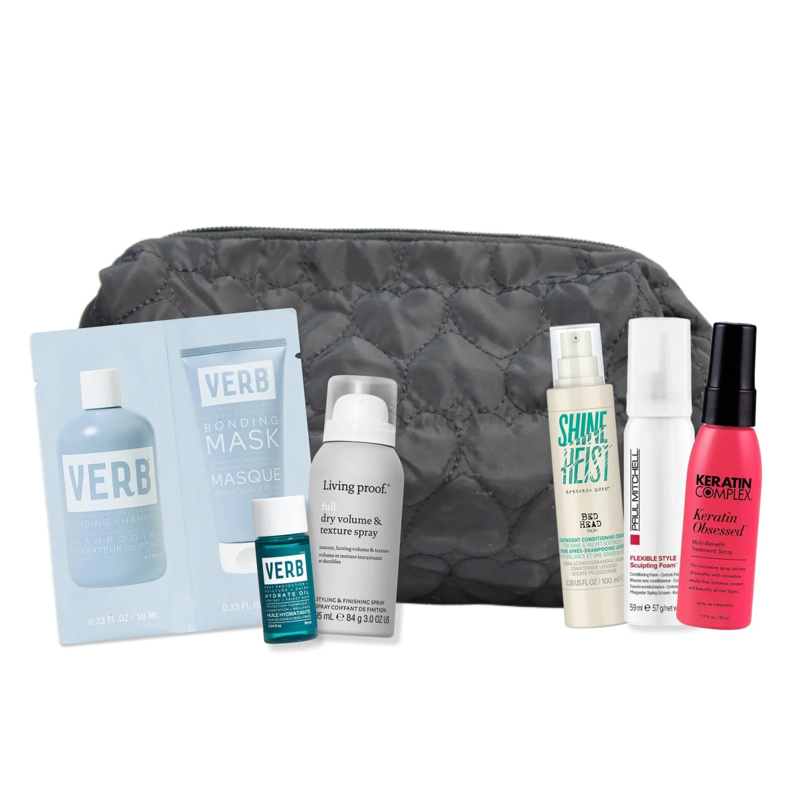 A cosmetic bag containing Verb Bonding Shampoo and Mask, Living Proof Dry Volume & Texture Spray, Shine Heist Texture Spray, Paul Mitchell Flexible Style Sculpting Foam, and Keratin Complex Keratin Obsessed Multi-Benefit Treatment Spray.