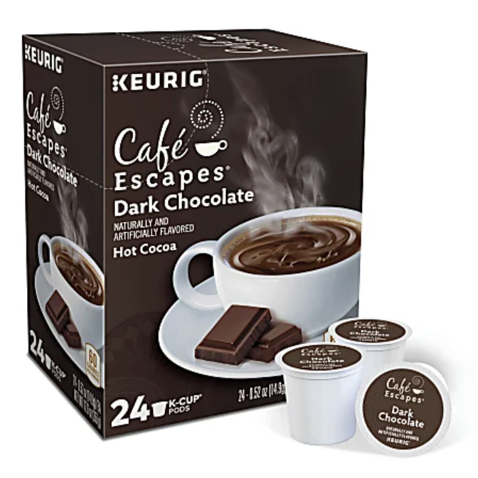 Keurig Café Escapes Dark Chocolate Hot Cocoa K-Cup Pods, 24-count box, featuring naturally and artificially flavored dark chocolate for use in Keurig brewing systems.