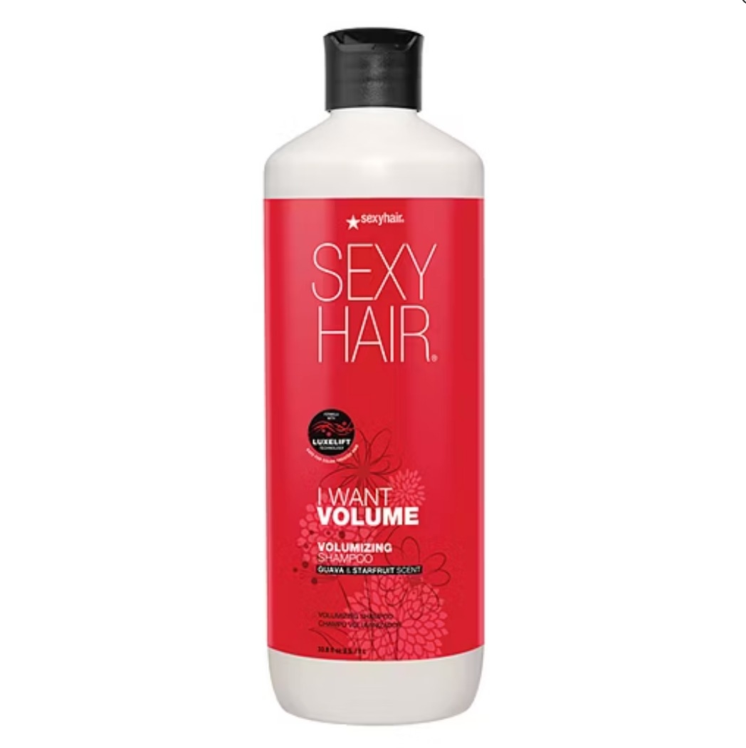 SEXYHAIR Volumizing Shampoo, labeled \“I Want Volume,\“ with guava and starfruit scent.