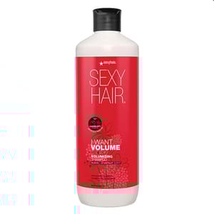 SEXYHAIR Volumizing Shampoo, labeled \“I Want Volume,\“ with guava and starfruit scent.