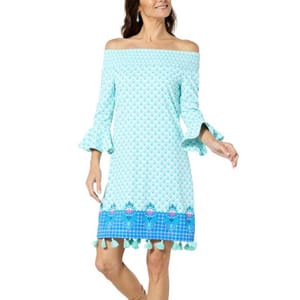 Mint green off-the-shoulder dress with a geometric pattern, featuring bell sleeves and a blue border with pink floral designs at the hem, accented with tassels.