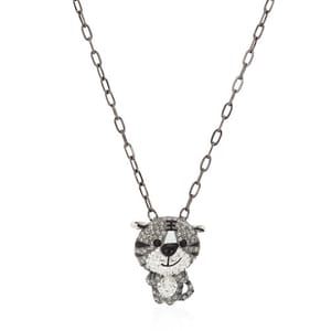 A necklace featuring a chain with a pendant shaped like a stylized bear face, adorned with sparkling stones.