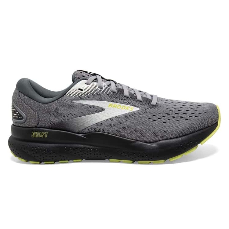 Gray Brooks Ghost running shoe with perforated upper, black midsole, and yellow accents on the logo and outsole.