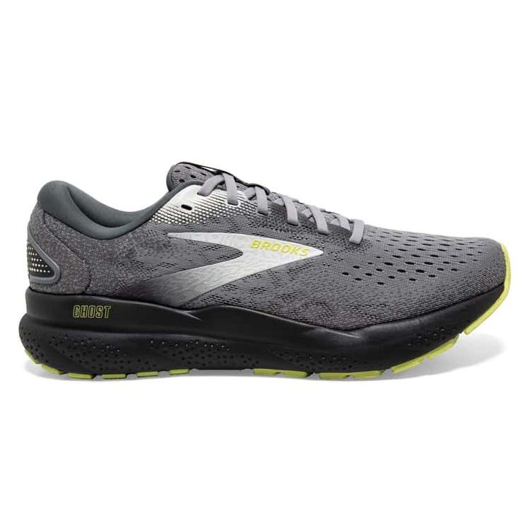 Gray Brooks Ghost running shoe with perforated upper, black midsole, and yellow accents on the logo and outsole.