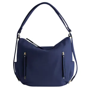 A navy blue shoulder bag with dual straps, two vertical zippered pockets on the front, and gold-tone hardware.