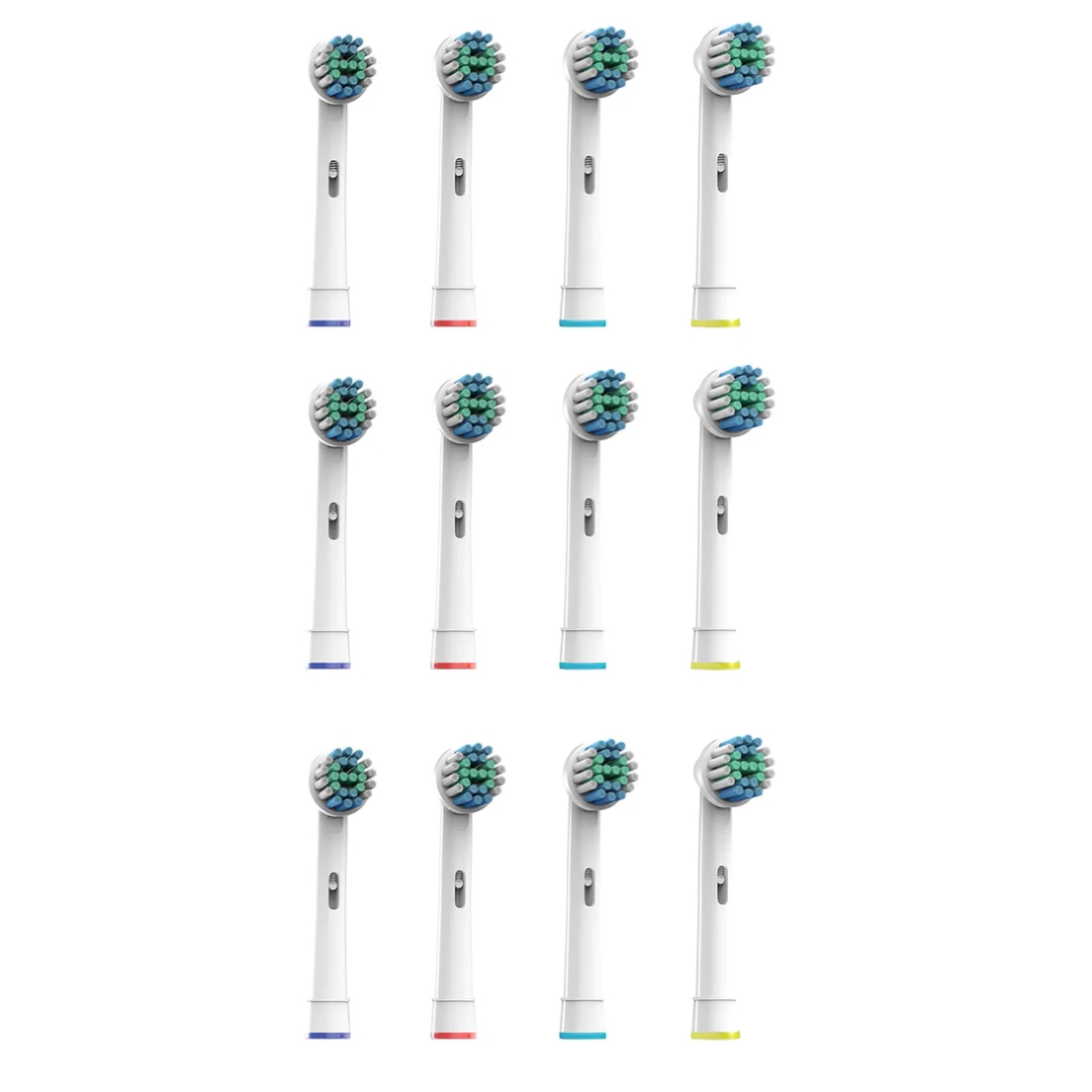 12-pack of Pursonic replacement brush heads compatible with electric toothbrushes, featuring round brush heads with multicolored bristles and different colored rings for identification.