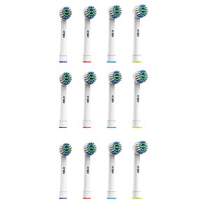 12-pack of Pursonic replacement brush heads compatible with electric toothbrushes, featuring round brush heads with multicolored bristles and different colored rings for identification.