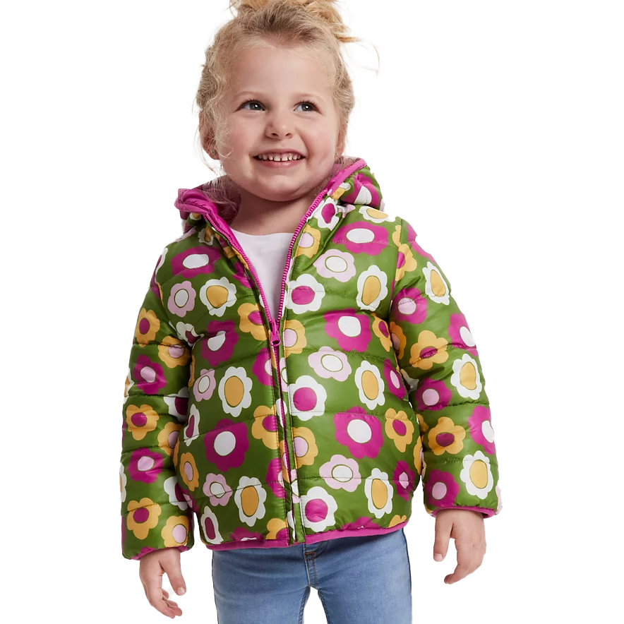 Child wearing a colorful floral-patterned puffer jacket with a purple zipper, paired with blue jeans.
