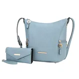 Light blue handbag with shoulder strap and matching wallet, both featuring gold-tone accents and a decorative logo charm.