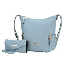 Light blue handbag with shoulder strap and matching wallet, both featuring gold-tone accents and a decorative logo charm.