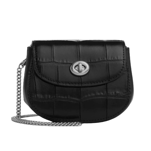 Black faux croc-embossed shoulder bag with a silver-tone chain strap and a twist-lock closure.