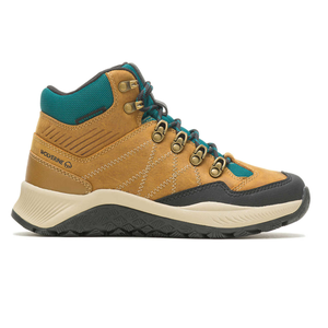 Tan and black hiking boots with teal accents and metallic eyelets, featuring a high-top design and a thick, patterned sole.