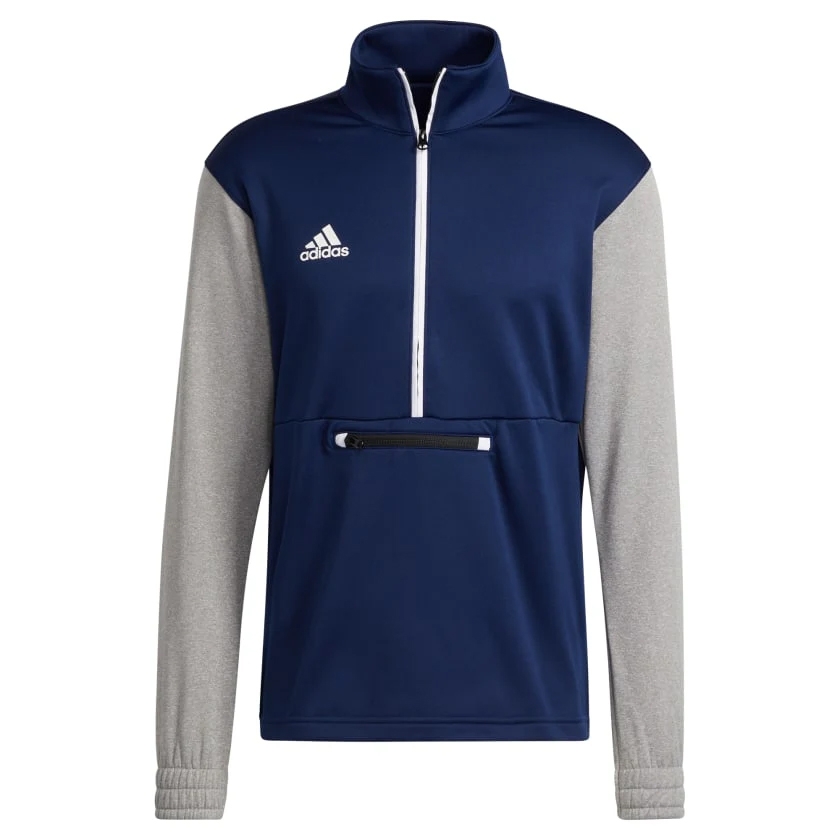 Adidas men's half-zip sweatshirt with a navy body, contrasting gray sleeves, Adidas logo on the chest, and a front zipper pocket.