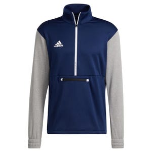 Adidas men's half-zip sweatshirt with a navy body, contrasting gray sleeves, Adidas logo on the chest, and a front zipper pocket.