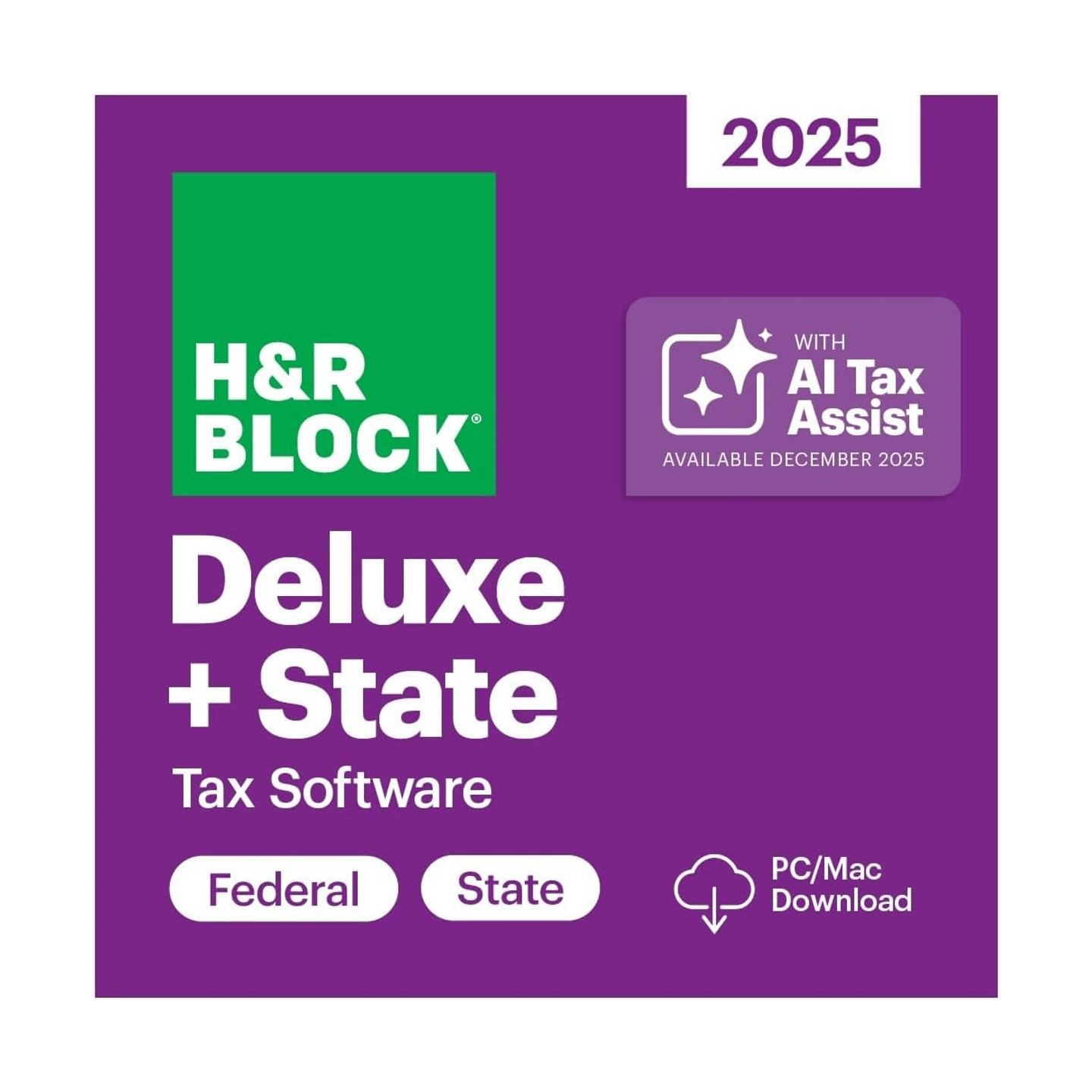 H&R Block Deluxe + State Tax Software for 2025 offers federal and state tax filing, with AI Tax Assist available in December 2025. Compatible with PC and Mac for download.