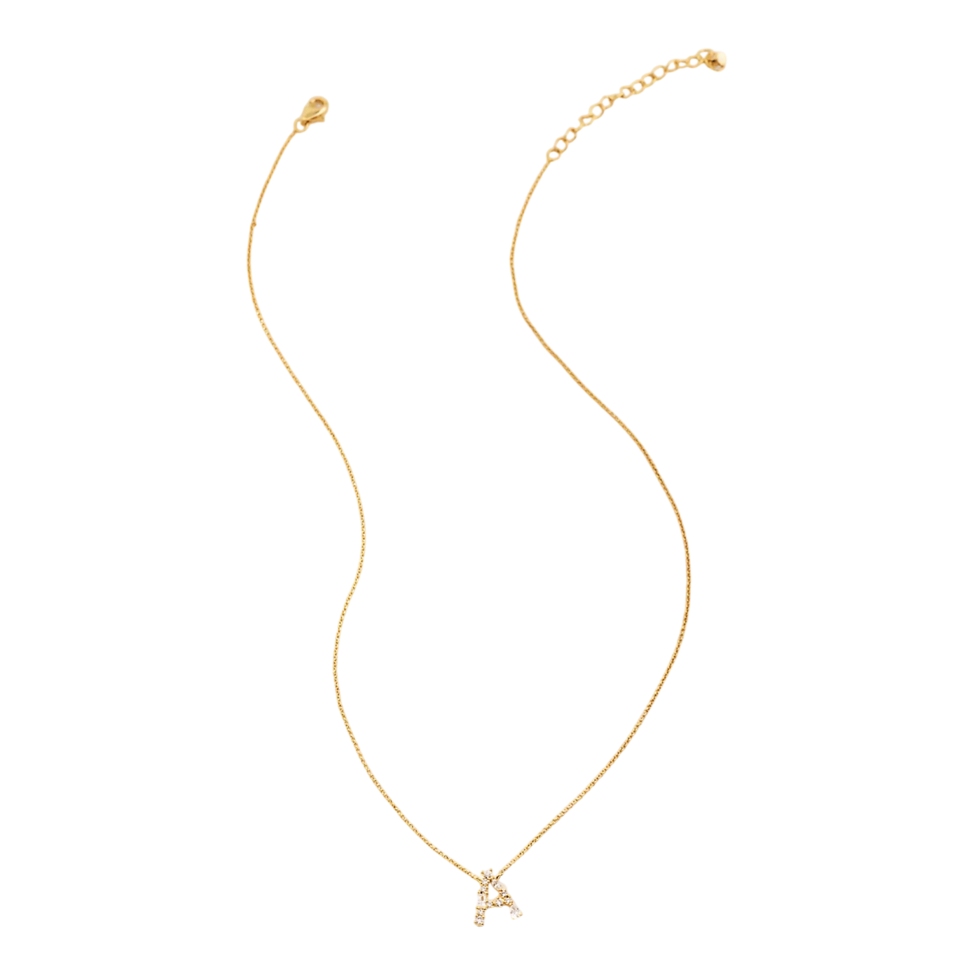 Gold chain necklace featuring a pendant with a crystal-studded letter \“A.\“