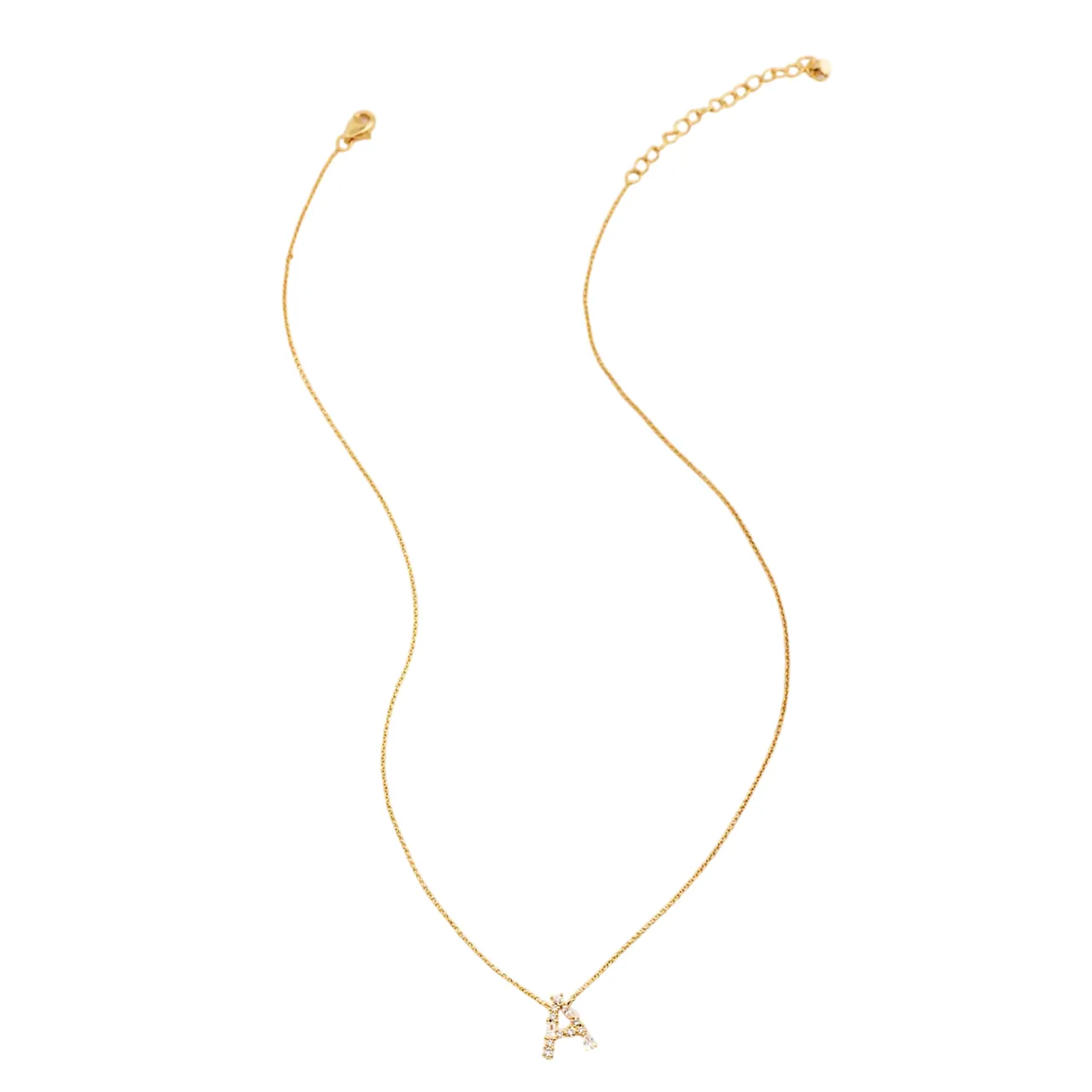 Gold chain necklace featuring a pendant with a crystal-studded letter \“A.\“