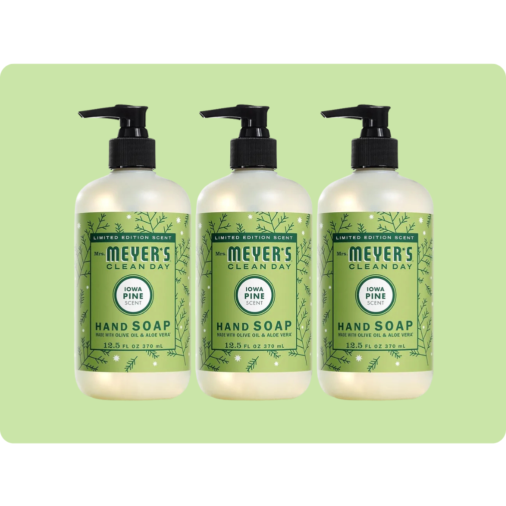 Mrs. Meyer's Clean Day hand soap, limited edition Iowa Pine scent, 12.5 fl oz (370 mL) bottles, featuring olive oil and aloe vera, shown as a set of three.