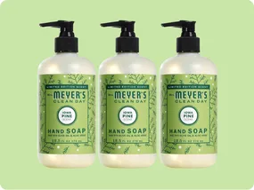 Mrs. Meyer's Clean Day hand soap, limited edition Iowa Pine scent, 12.5 fl oz (370 mL) bottles, featuring olive oil and aloe vera, shown as a set of three.