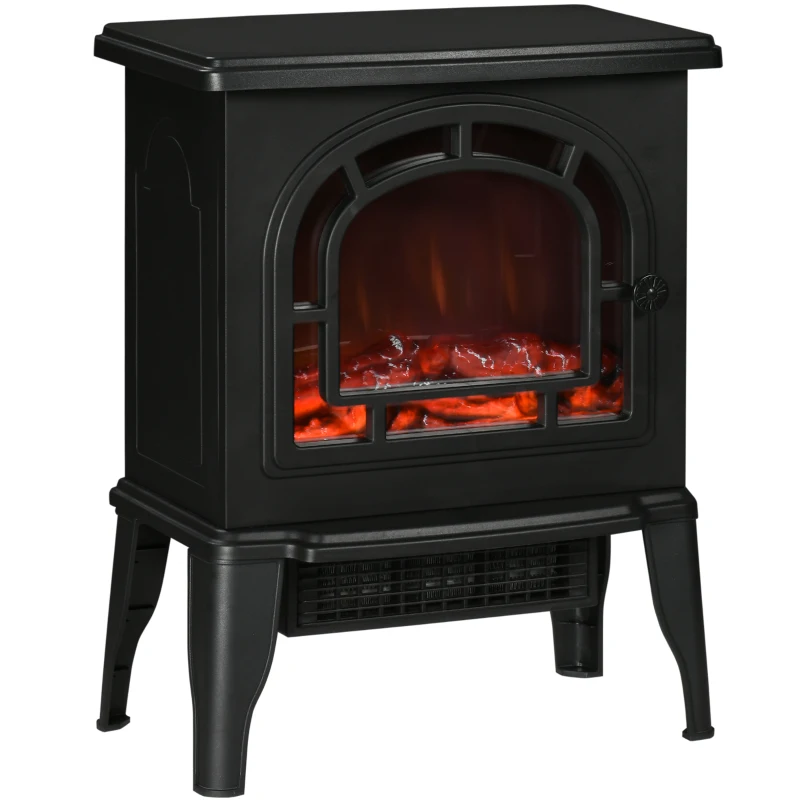 A black electric fireplace with a glass front and simulated flames, featuring a classic wood stove design and standing on four legs.