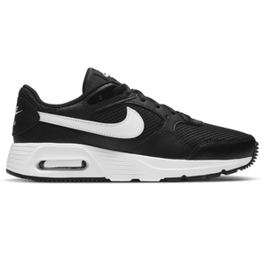 Black and white Nike sneaker with mesh and leather upper, Air cushioning, and a white rubber sole.