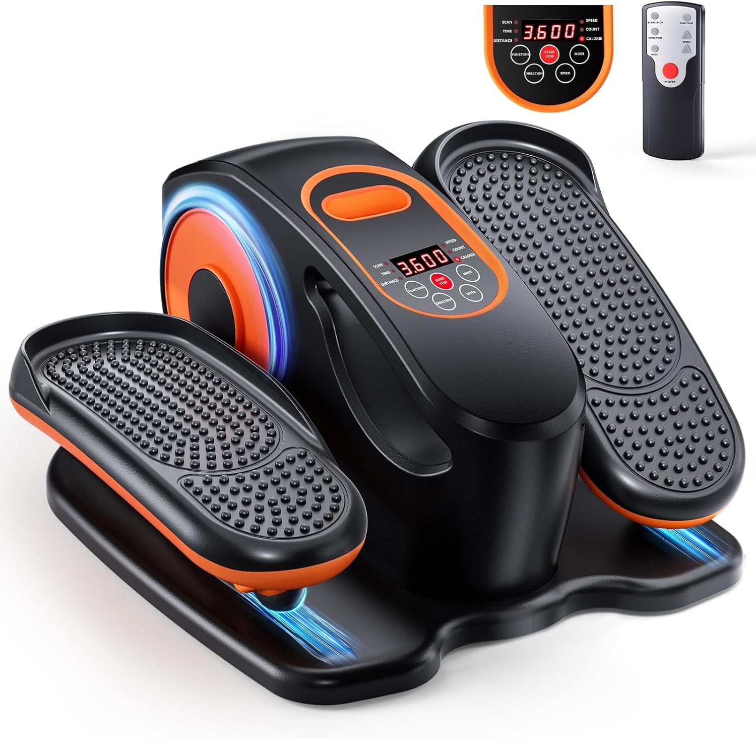 Compact under-desk elliptical trainer with textured foot pedals, digital display showing speed and distance, and comes with a remote control. Black and orange design with LED accents.