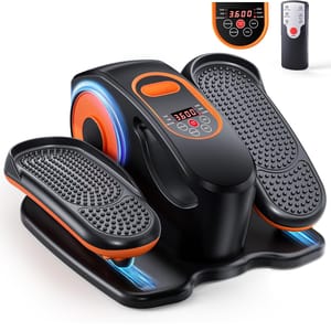Compact under-desk elliptical trainer with textured foot pedals, digital display showing speed and distance, and comes with a remote control. Black and orange design with LED accents.