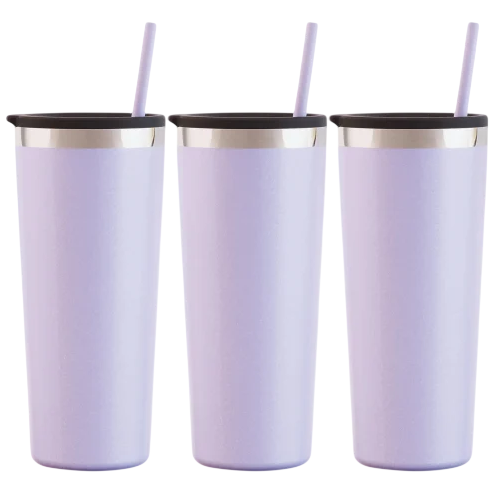 Three pastel purple tumblers with black lids and straws, featuring silver rims.