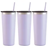 Three pastel purple tumblers with black lids and straws, featuring silver rims.