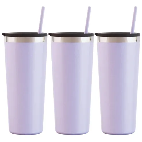 Three pastel purple tumblers with black lids and straws, featuring silver rims.