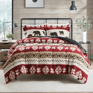 A cozy bed setup features a bear-themed comforter set with red, beige, and white patterns, complementing decorative pillows with bear designs. A modern bedroom setting with light wood walls, black metal frame, and minimalist decor.