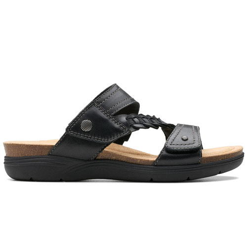 A black sandal featuring a braided strap and two adjustable straps with button details, set on a cushioned sole for added comfort.