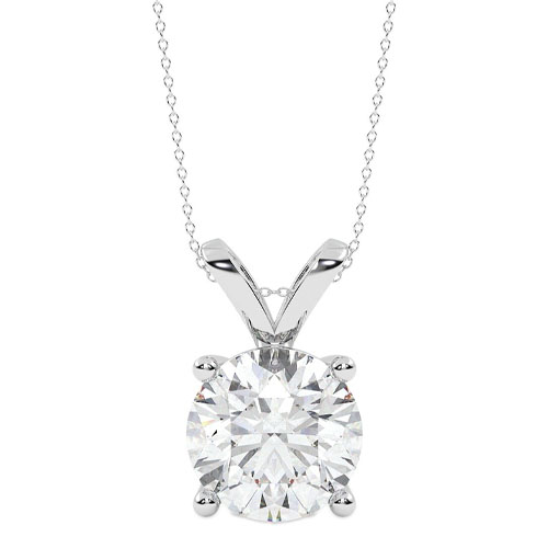 A silver necklace featuring a round-cut diamond pendant in a four-prong setting.